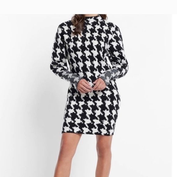 Express Monochrome Houndstooth Long Sleeve Sweater Dress - Picture 1 of 8